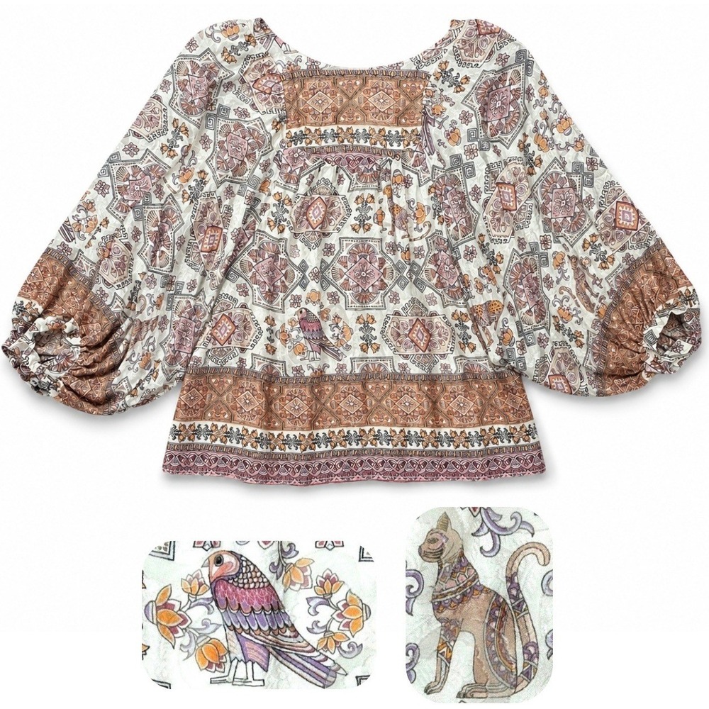 Anthropologie Flora Silk Blouse Women's XS Egyptian Print Balloon Sleeve Boho